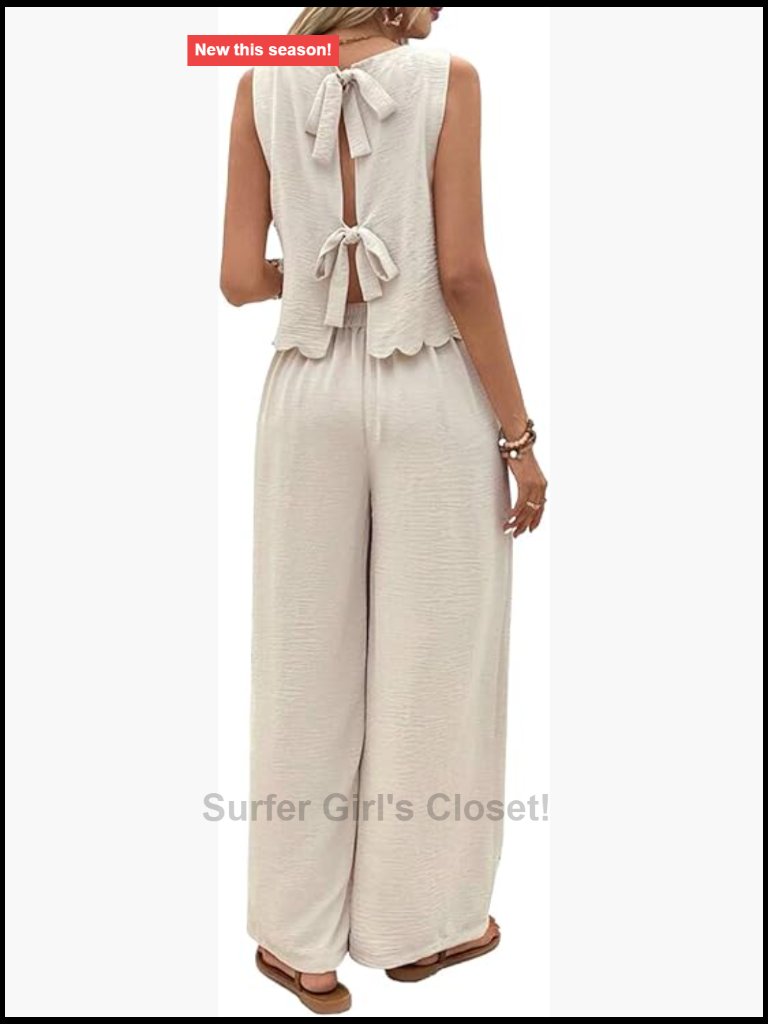 Women's Two Piece Lounge Set With Back Tie Bow Top And Wide Leg Pants